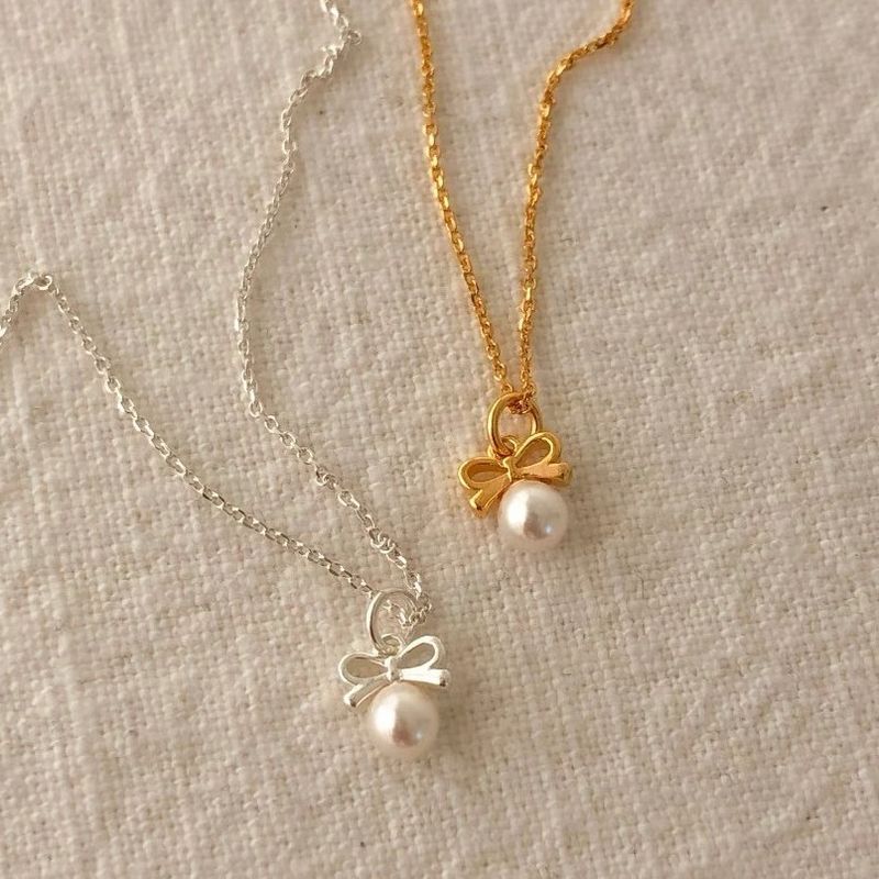 Sterling Silver Casual Inlay Bow Knot Pearl Pendant Necklace