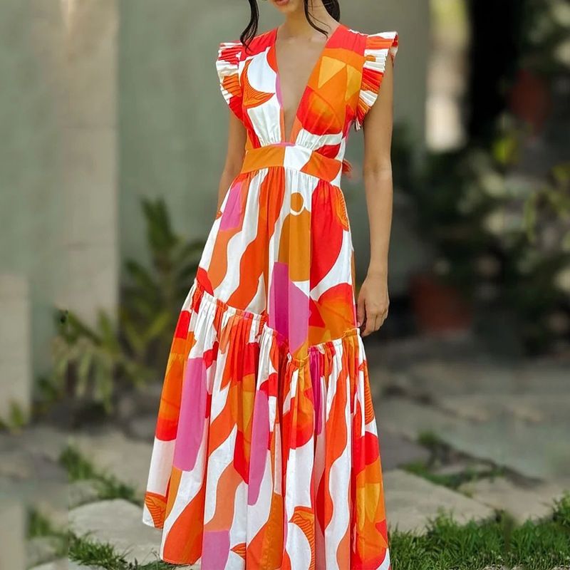 Women's Swing Dress Vacation V Neck Printing Sleeveless Printing Maxi Long Dress Holiday Beach