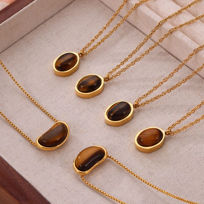 304 Stainless Steel 18K Gold Plated Retro British Style Plating Inlay Oval Pea Natural Stone Tiger Eye Pendant Necklace