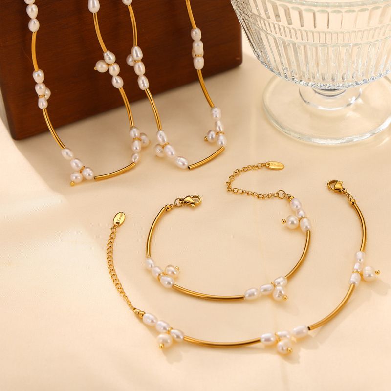304 Stainless Steel Freshwater Pearl 18K Gold Plated IG Style French Style Simple Style Beaded Oval Bracelets Necklace