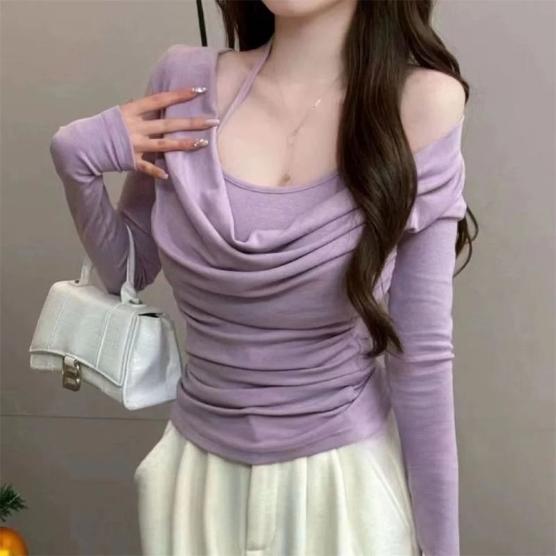 Women's Wrap Crop Top Long Sleeve Blouses Pleated Elegant Simple Style Classic Style Simple Solid Color