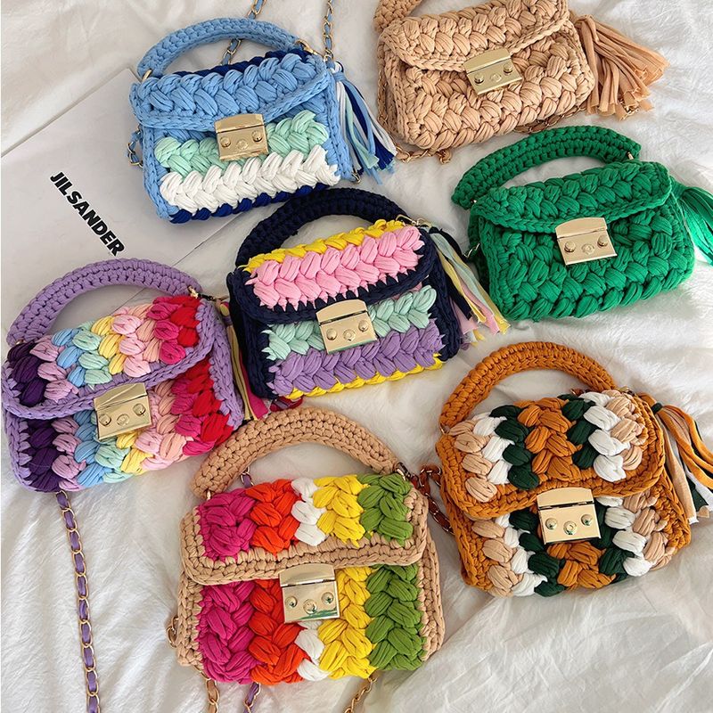 Women's Small Cotton Color Block Vintage Style Lock Clasp Handbag