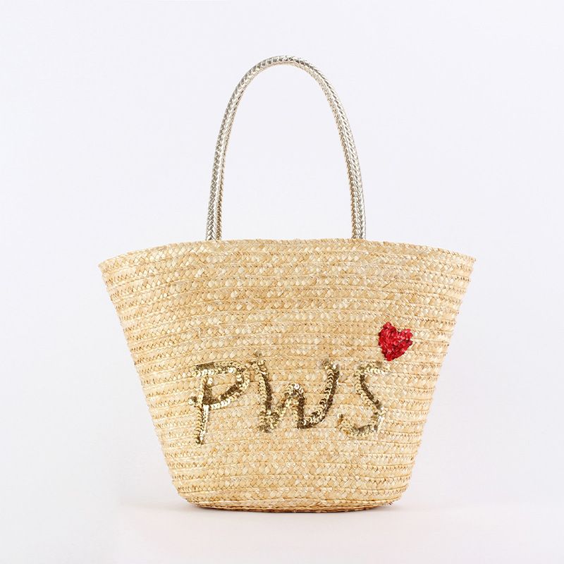 Women's Large Polyester Cotton Straw Letter Heart Shape Basic Beach String Straw Bag