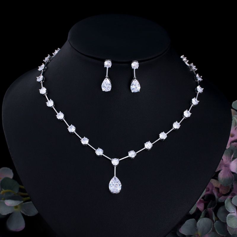 Copper White Gold Plated Elegant Shiny Inlay Water Droplets Artificial Gemstones Jewelry Set