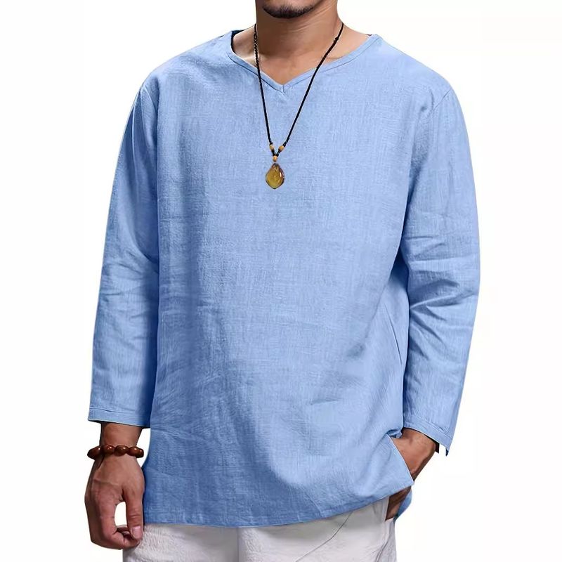 Men's Solid Color Simple Style V Neck 3/4 Length Sleeve Loose Men's T-shirt