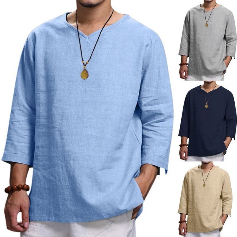 Men's Solid Color Simple Style V Neck 3/4 Length Sleeve Loose Men's Tops