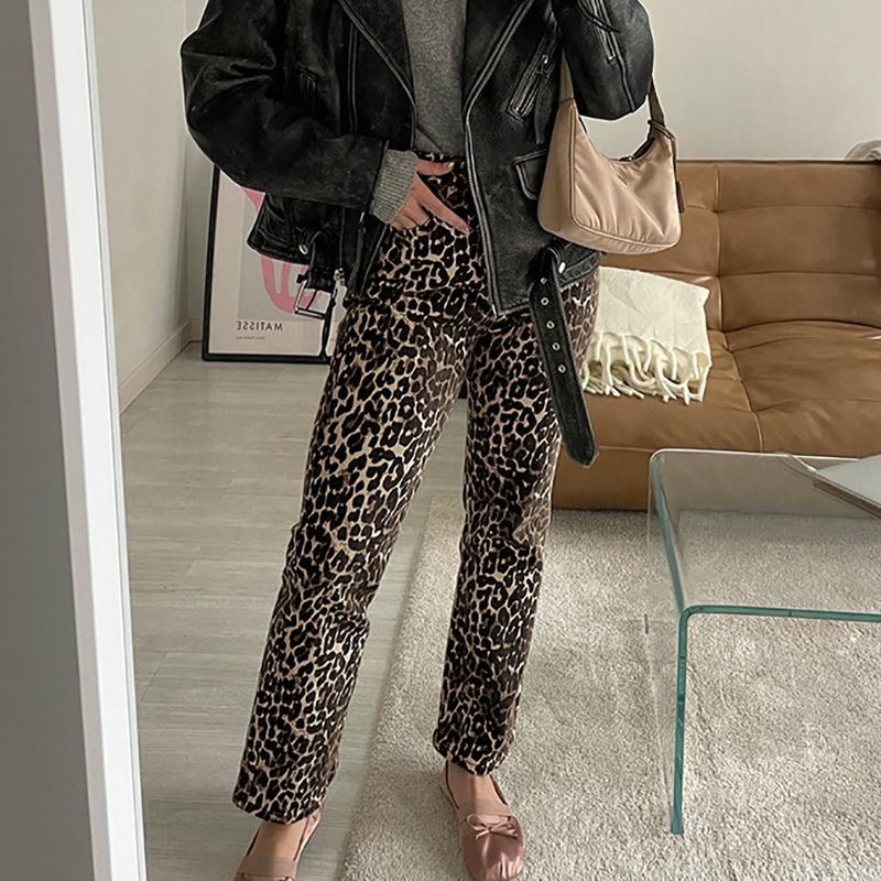 Women's Holiday Daily Streetwear Leopard Full Length Button Casual Pants Skinny Pants