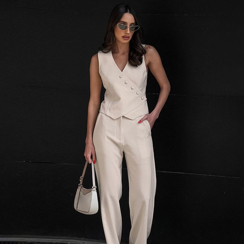 Business Daily Formal Women's Streetwear Solid Color Cotton Hemp Button Pants Sets Pants Sets