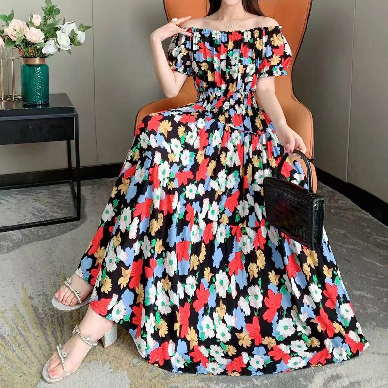 Frau Tee-Kleid Elegant Ferien Bootshals Elastische Taille Aushöhlen Kurzarm Blume Midi-Kleid Lässig Draussen Täglich