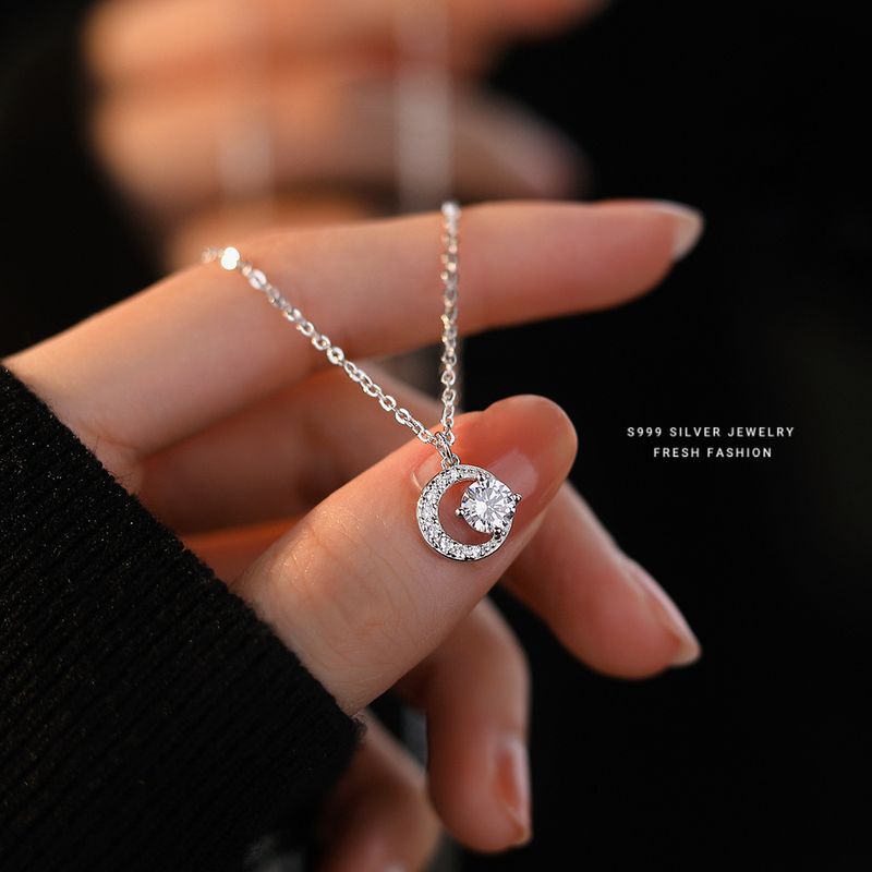 Sterling Silver Elegant Simple Style GRA Certificate Plating Moon Moissanite Zircon Pendant Necklace