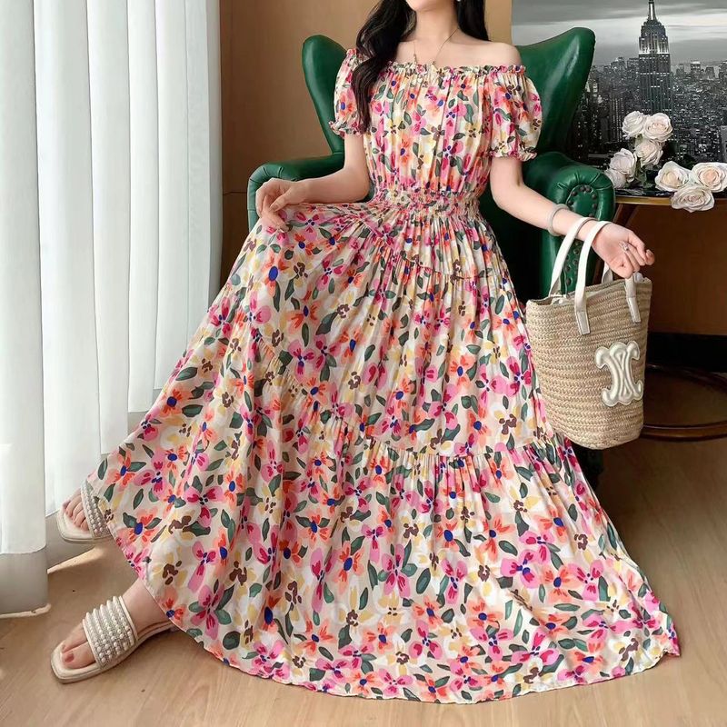 Women's Tea Dress Casual Elegant Vacation Boat Neck Elastic Waist Hollow Out Short Sleeve Flower Midi Dress Casual Outdoor Daily
