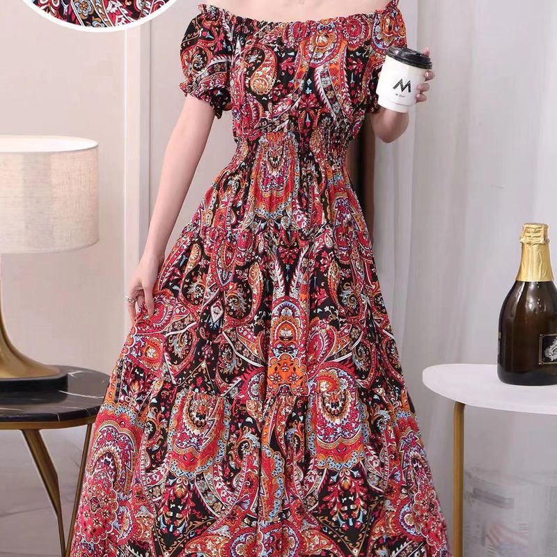 Women's Tea Dress Casual Elegant Vacation Boat Neck Elastic Waist Hollow Out Short Sleeve Flower Midi Dress Casual Outdoor Daily