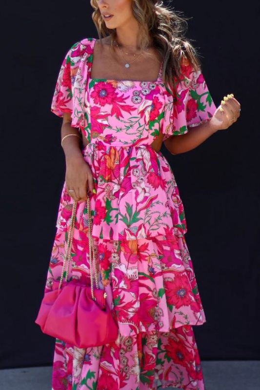 Women's Regular Dress Vacation Square Neck Ruffles Short Sleeve Ditsy Floral Maxi Long Dress Holiday Beach