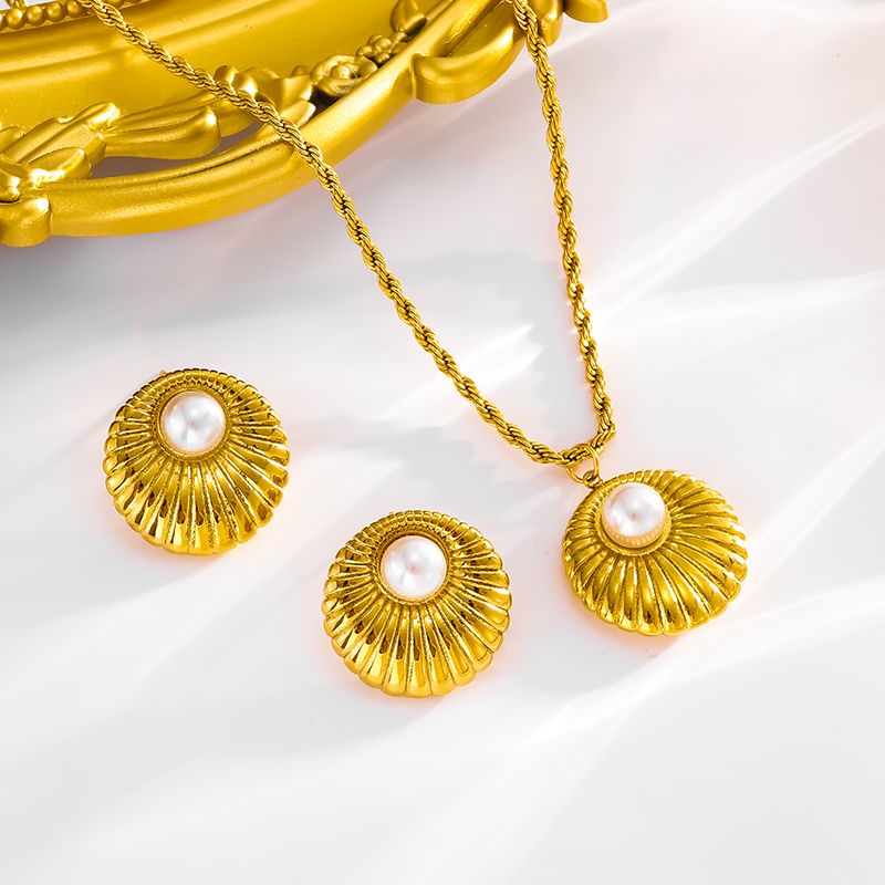 304 Stainless Steel 18K Gold Plated Simple Style Classic Style Inlay Solid Color Artificial Pearls Earrings Necklace