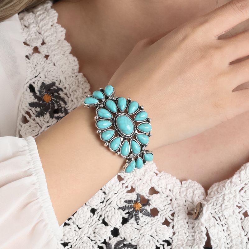 Wholesale Jewelry Hip-Hop Retro Cool Style Flower Alloy Turquoise Inlay Bangle