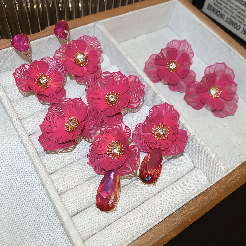 1 Pair Exaggerated Flower Inlay Copper Rhinestones Drop Earrings