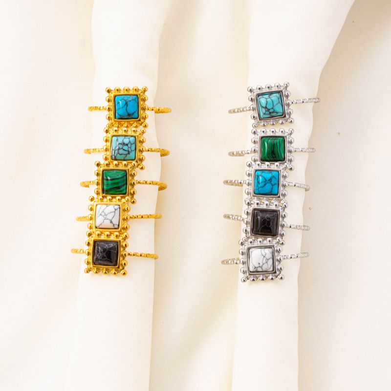 304 Stainless Steel 18K Gold Plated Vintage Style Ethnic Style Inlay Geometric Artificial Gemstones Imitating Stone Open Rings