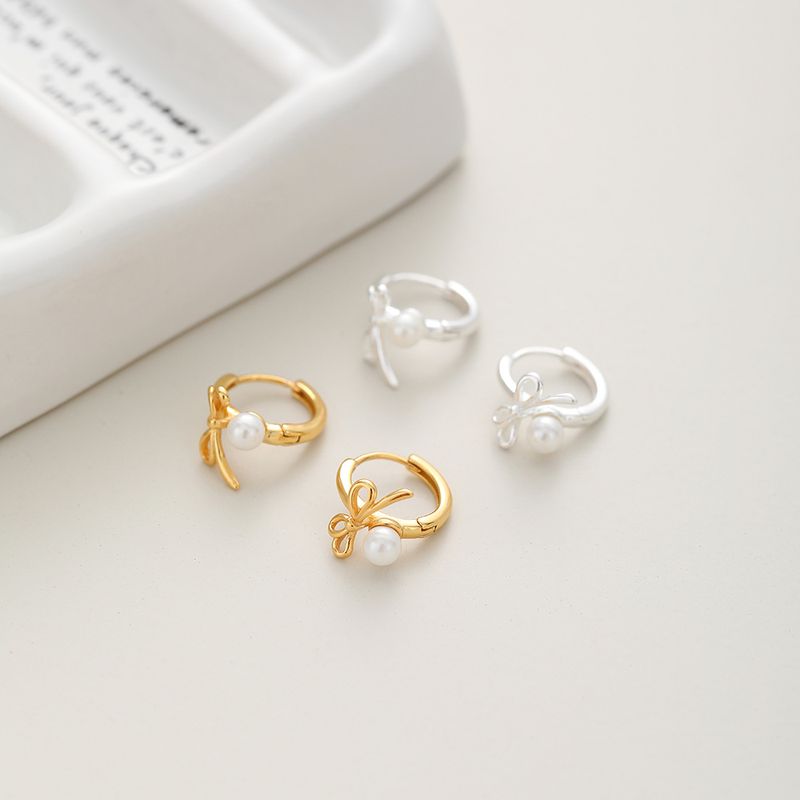1 Paar Romantisch Süss Bogenknoten Überzug Inlay Sterling Silber Perle Ohrringe