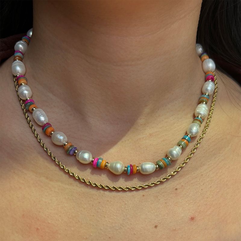 304 Stainless Steel Natural Pearls Vary In Size, Please Consider Carefully Before Ordering! 18K Gold Plated Elegant Beach Tropical Beaded Geometric Necklace