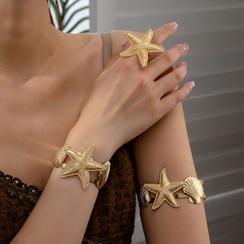 Vacation Beach Classic Style Starfish Ocean 14K Gold Plated Alloy Wholesale Rings Bracelets Jewelry Set