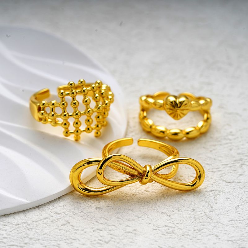 Brass Gold Plated Modern Style Simple Style Classic Style Inlay Geometric Heart Shape Bow Knot Zircon Adjustable Ring Open Rings Rings