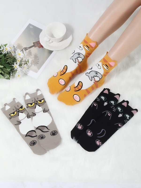 Women's Cute Cat Polyester Ankle Socks 3 Pairs 6 Pieces