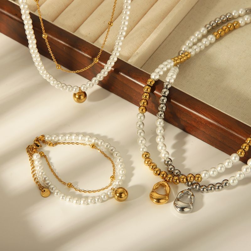 Edelstahl 304 18 Karat Vergoldet IG-Stil Basic Pendeln Überzug Inlay Runden Künstliche Perlen Armbänder Halskette