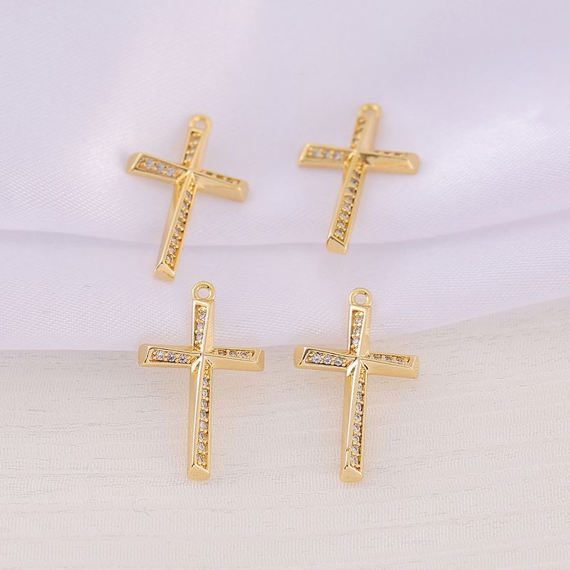 1 Piece 13 * 21mm Copper Zircon 18K Gold Plated Cross Polished Pendant