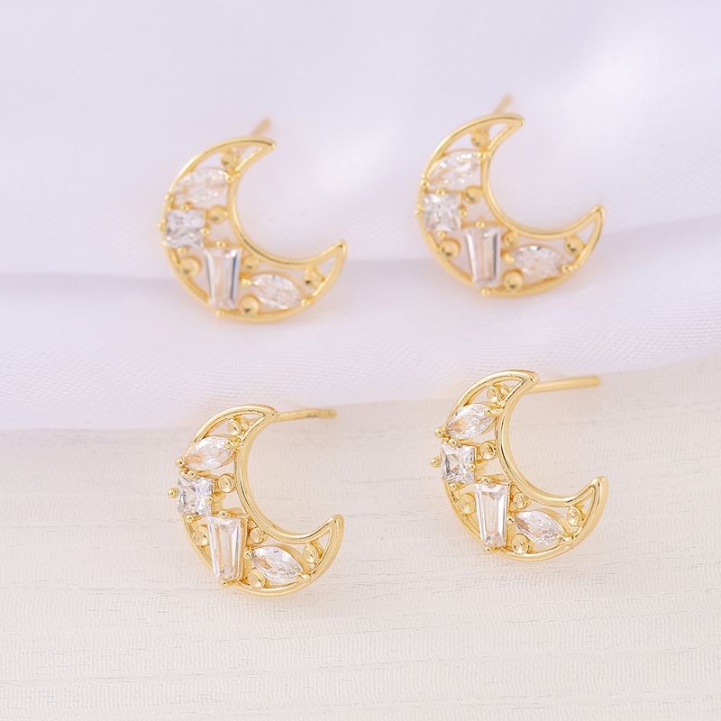 1 Pair 12 * 13mm Copper Zircon 18K Gold Plated Moon Polished Earring Findings