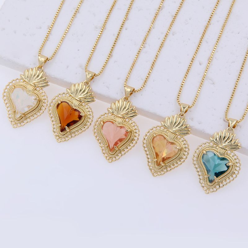 Simple Style Classic Style Heart Shape Glass Copper Plating Inlay Glass 18K Gold Plated Women's Pendant Necklace