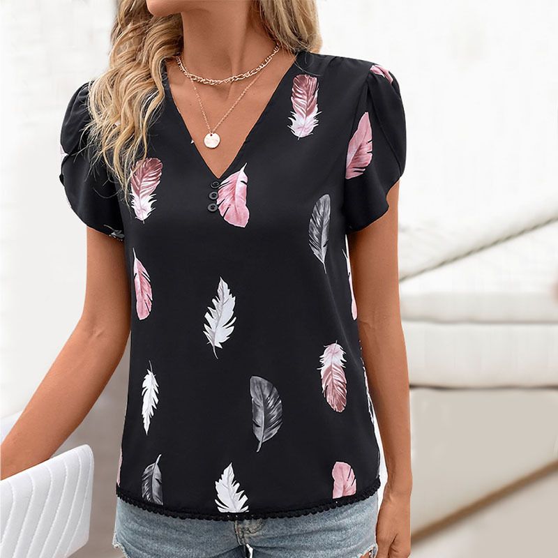 Women's Blouse Short Sleeve T-Shirts Printing Button Simple Style Feather