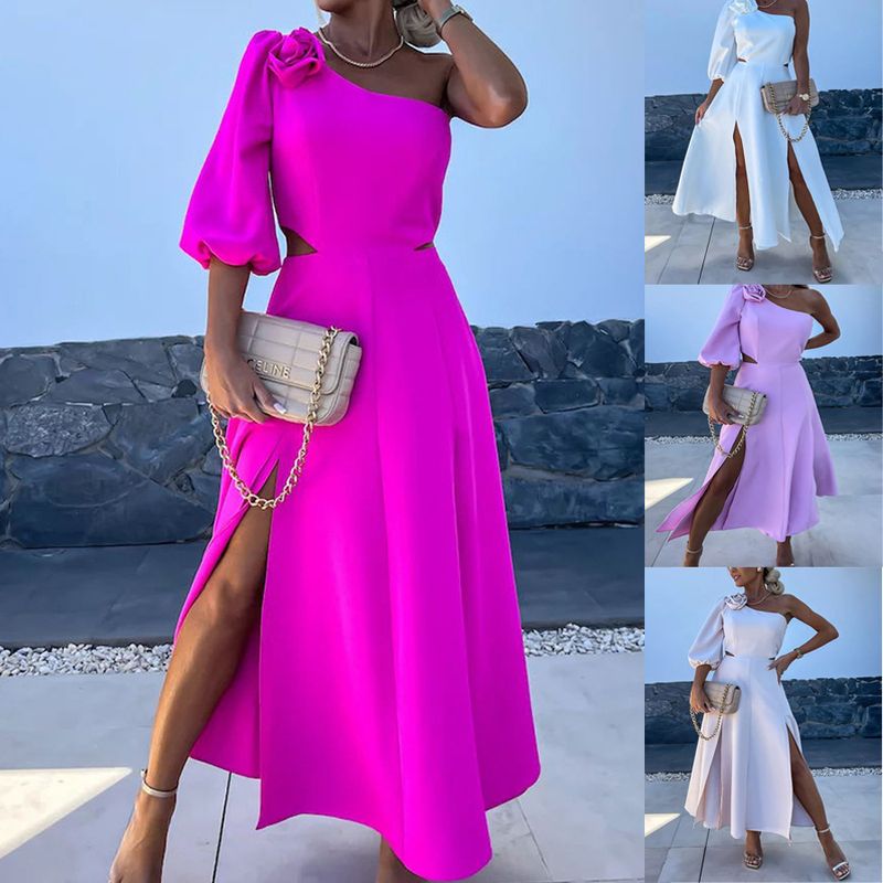 Women's Regular Dress Elegant Collarless Zipper 3/4 Length Sleeve Solid Color Flower Midi Dress Banquet Date Bar