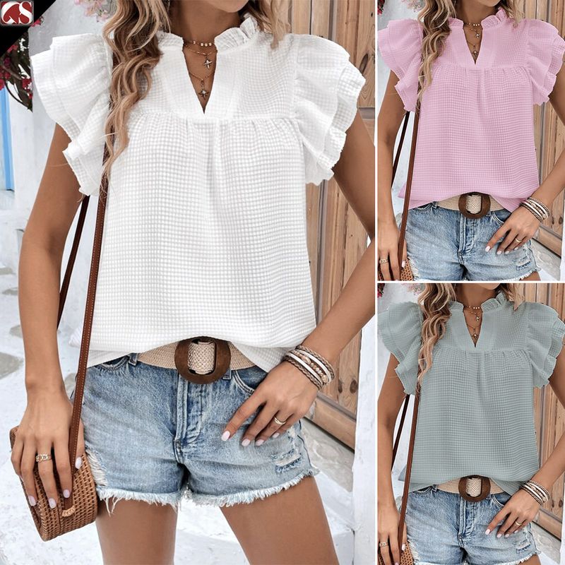 Women's Blouse Short Sleeve Blouses Jacquard Ruffles Simple Style Solid Color