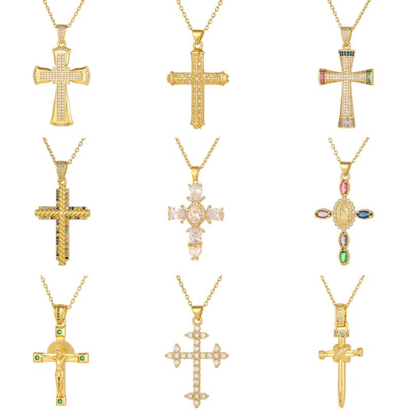 Wholesale Simple Style Cross Copper Plating Inlay Zircon Pendant Necklace