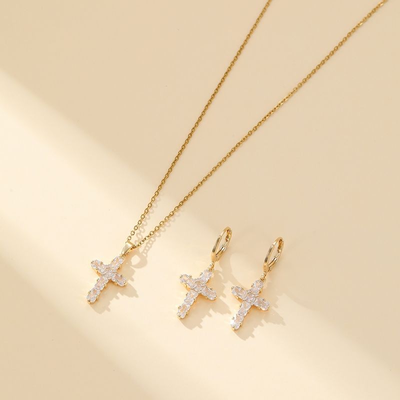 304 Stainless Steel Copper Gold Plated Luxurious Classic Style Inlay Cross Zircon Earrings Necklace Jewelry Set