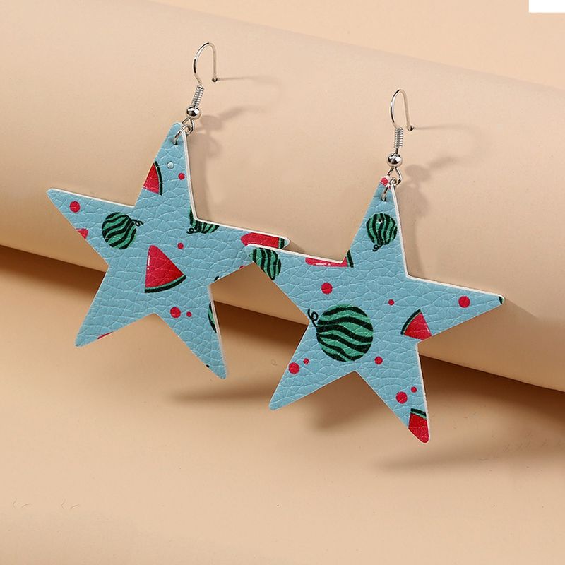 1 Pair Cute Vacation Sweet Pentagram Leaves Printing Imitation Leather Copper Drop Earrings