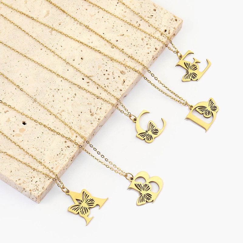 201 Stainless Steel 18K Gold Plated Hip-Hop Plating Letter Butterfly Pendant Necklace