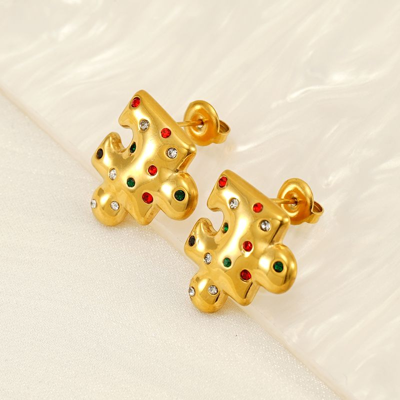 1 Pair Simple Style Classic Style Jigsaw Plating 304 Stainless Steel Rhinestones 18K Gold Plated Ear Studs