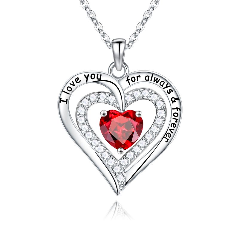 Sterling Silver Cute Sweet Hollow Out Inlay Heart Shape Rose Birthstone Zircon Pendant Necklace