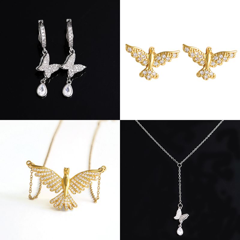 304 Stainless Steel Copper 18K Gold Plated Elegant Sweet Simple Style Plating Inlay Animal Eagle Butterfly Zircon Jewelry Set
