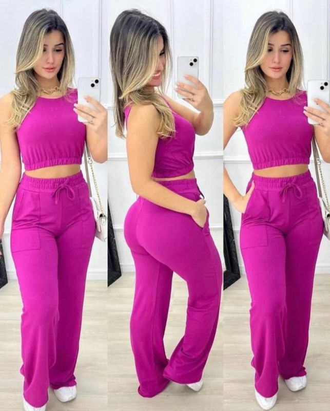 Frau Mode Einfarbig Polyester Gefälschter Kordelzug Tasche Hosen-sets