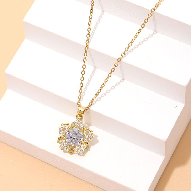 Wholesale Elegant Lady Streetwear Flower Copper Inlay Gold Plated Zircon Pendant Necklace