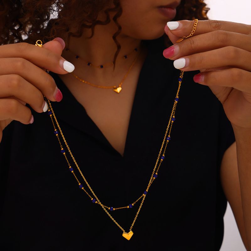 Edelstahl 304 Ein Naturstein 18 Karat Vergoldet Elegant Einfacher Stil Perlen Überzug Runden Herzform Doppellagige Halsketten
