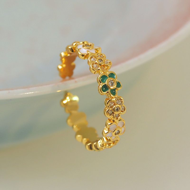 Copper 18K Gold Plated Sweet Simple Style Flowers Leaf Zircon Open Rings