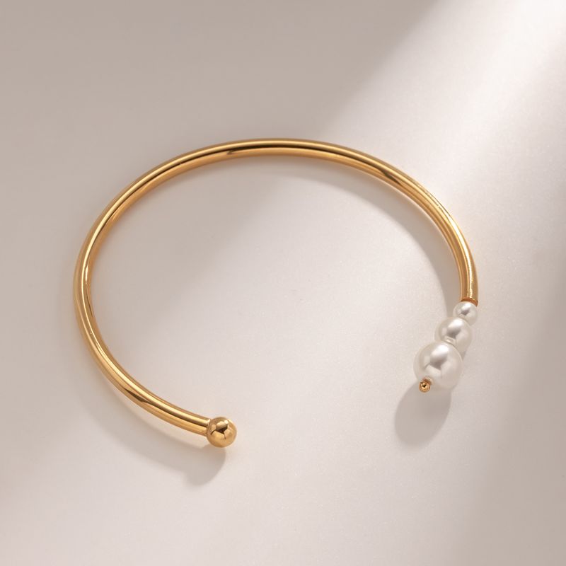 IG Style Solid Color 304 Stainless Steel Imitation Pearl 18K Gold Plated Bangle In Bulk