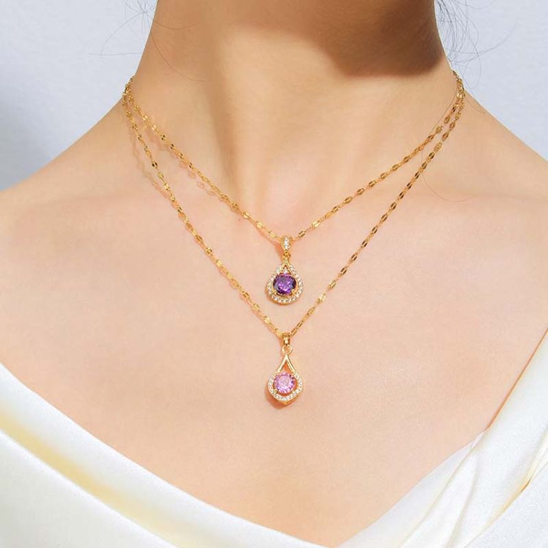 304 Stainless Steel 18K Gold Plated Elegant Lady Streetwear Plating Inlay Round Square Zircon Pendant Necklace