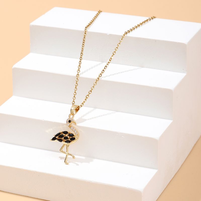 Wholesale Cute Lady Classic Style Flamingo Copper Inlay 18K Gold Plated Zircon Pendant Necklace