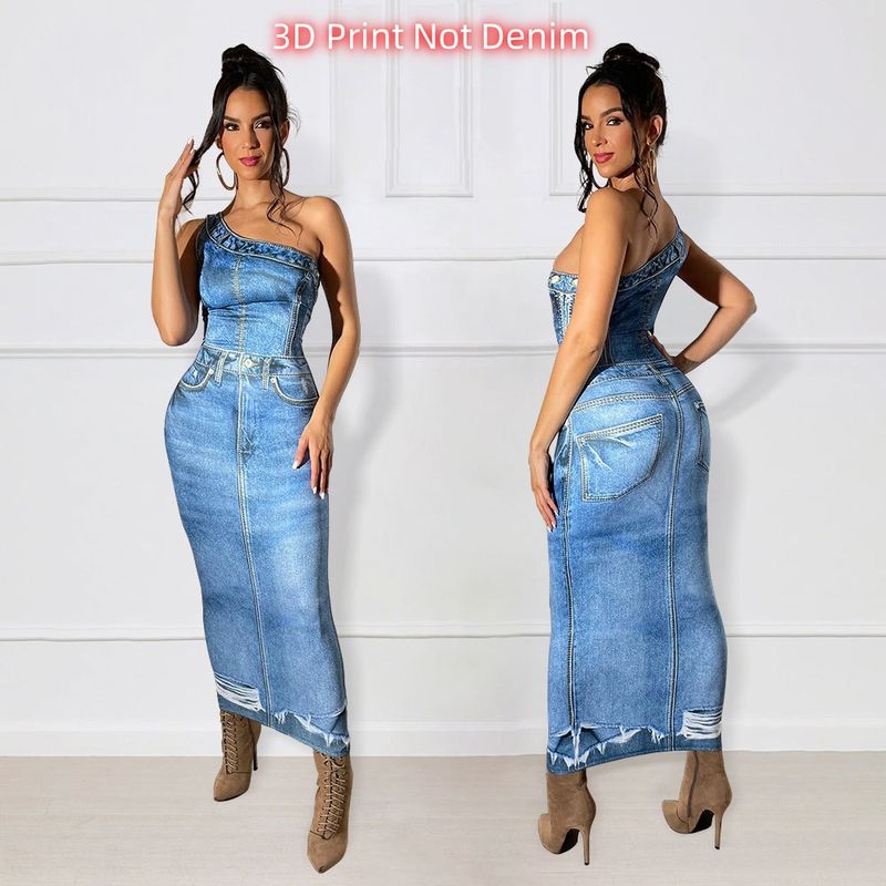 Women's Sheath Dress Streetwear Oblique Collar Printing Sleeveless Solid Color Maxi Long Dress Holiday Daily