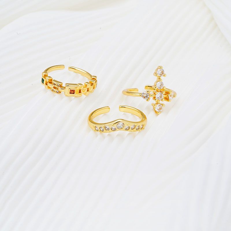 Copper Brass Gold Plated Glam Vintage Style Plating Inlay Geometric Cross Zircon Open Rings