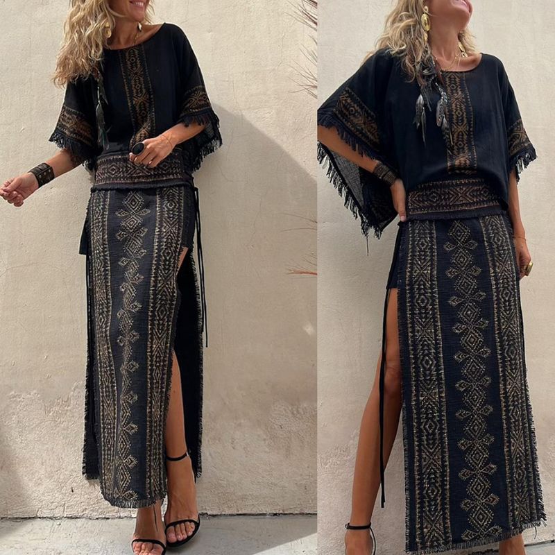 Casual Holiday Outdoor Women's Ethnic Style Printing Solid Color Polyester Printing Tassel Skirt Sets Skirt Sets